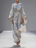 Elegant Blue And White Printed Trumpet Sleeve Maxi Dress
