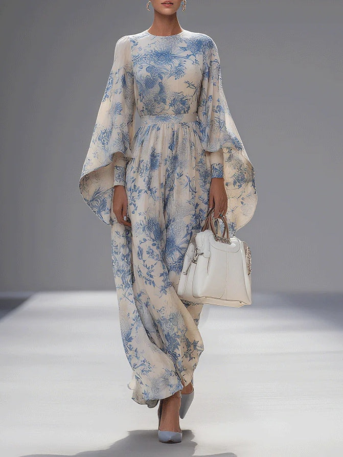 Elegant Blue And White Printed Trumpet Sleeve Maxi Dress