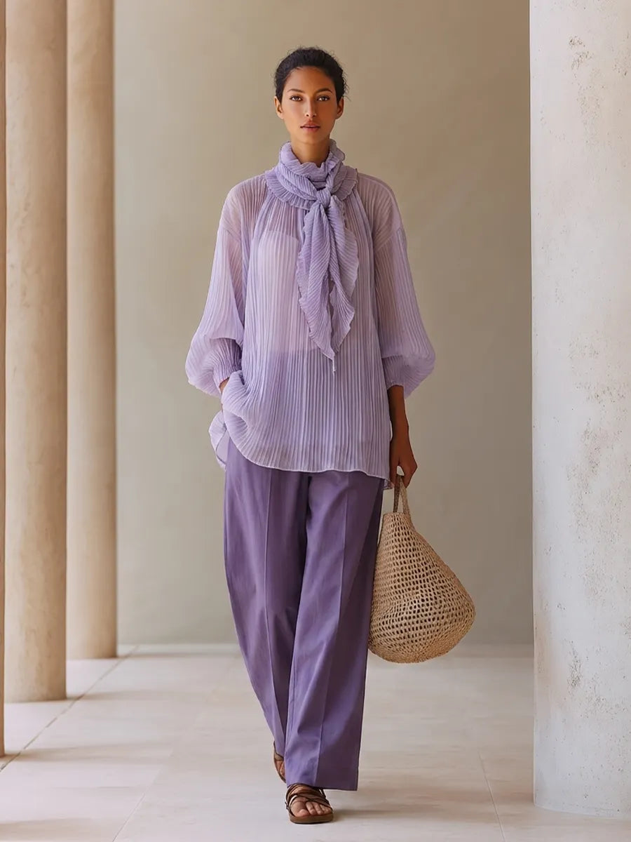 Women's Light Purple Crinkle Chiffon Two-Piece Set With Ruffled Tie Neck Balloon Sleeve Blouse & Solid High Waist Wide Leg Pants, Elegant Resort Matching Outfit MDZ0774G7LYL