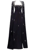 Cape Sleeve Crystal Pearl Maxi Dress Black