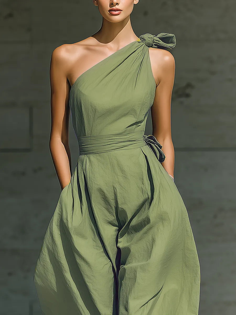 Women's Light Green Cotton And Linen Blend One-Shoulder Wide-Leg Jumpsuit With Tie Waist MDZ3136A8T
