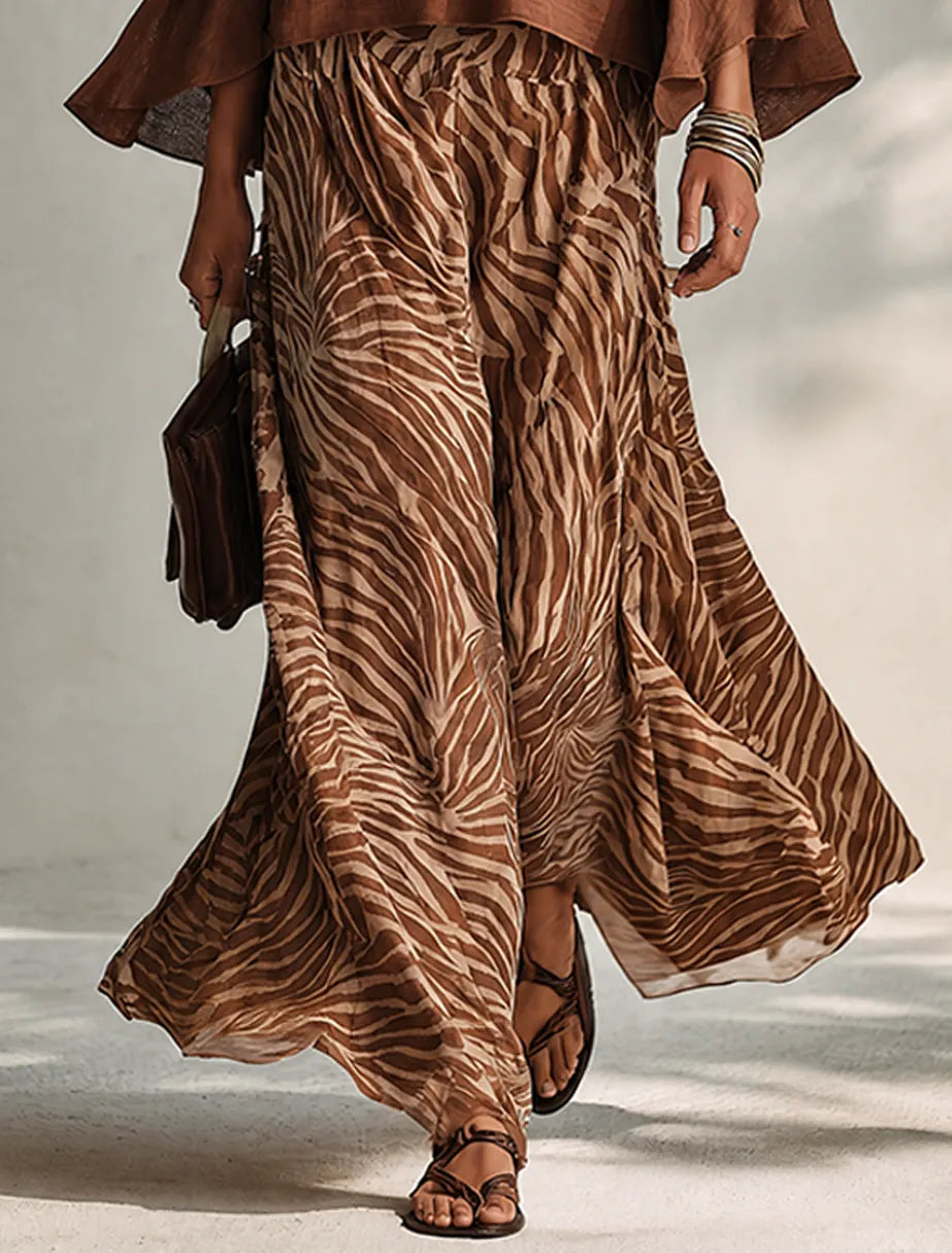 Women's Stylish Brown Zebra-Print Flowy Maxi Skirt MDZ0987G3ZRK