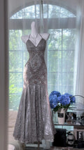 '-Silver-gray exquisite beaded long vintage lace fishtail prom dress