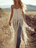 【24-hour shipping out】Retro Romantic Tassel Spaghetti Strap Textured Fabric Mid-length Top