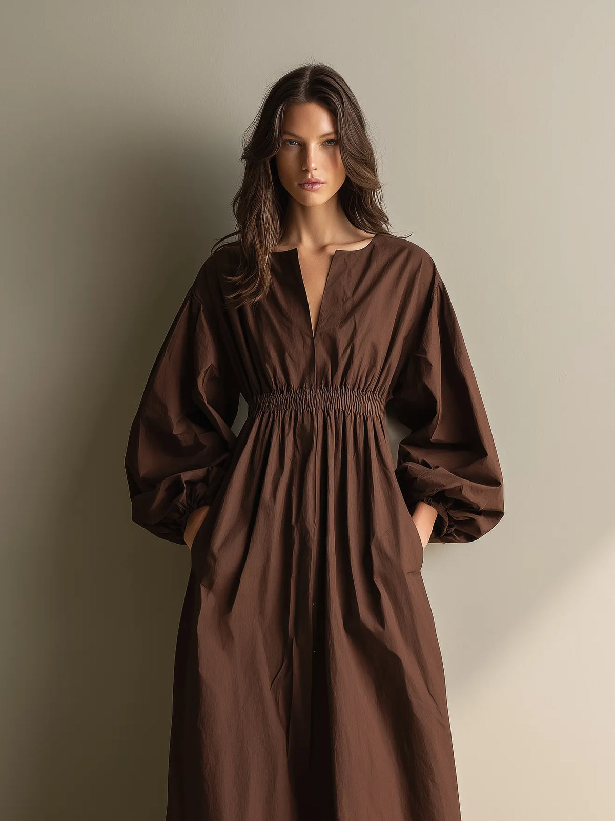 Women's Casual Brown Cotton And Linen V-neck Long-sleeved Maxi Dress With Elastic Waist MDZ1295A0AN