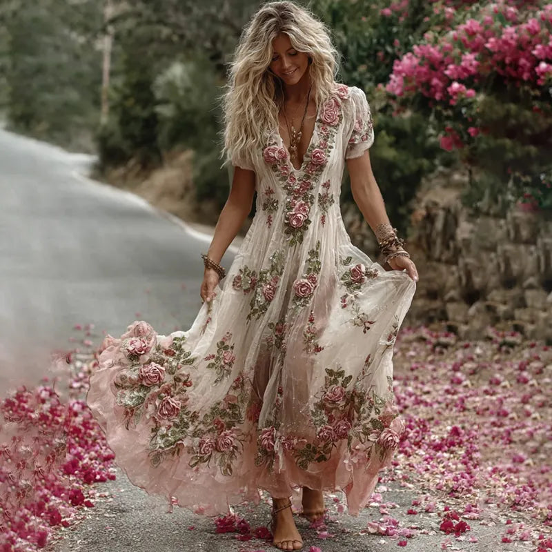 Women's Vintage Floral Embroidery Art Comfy Linen Maxi Dress