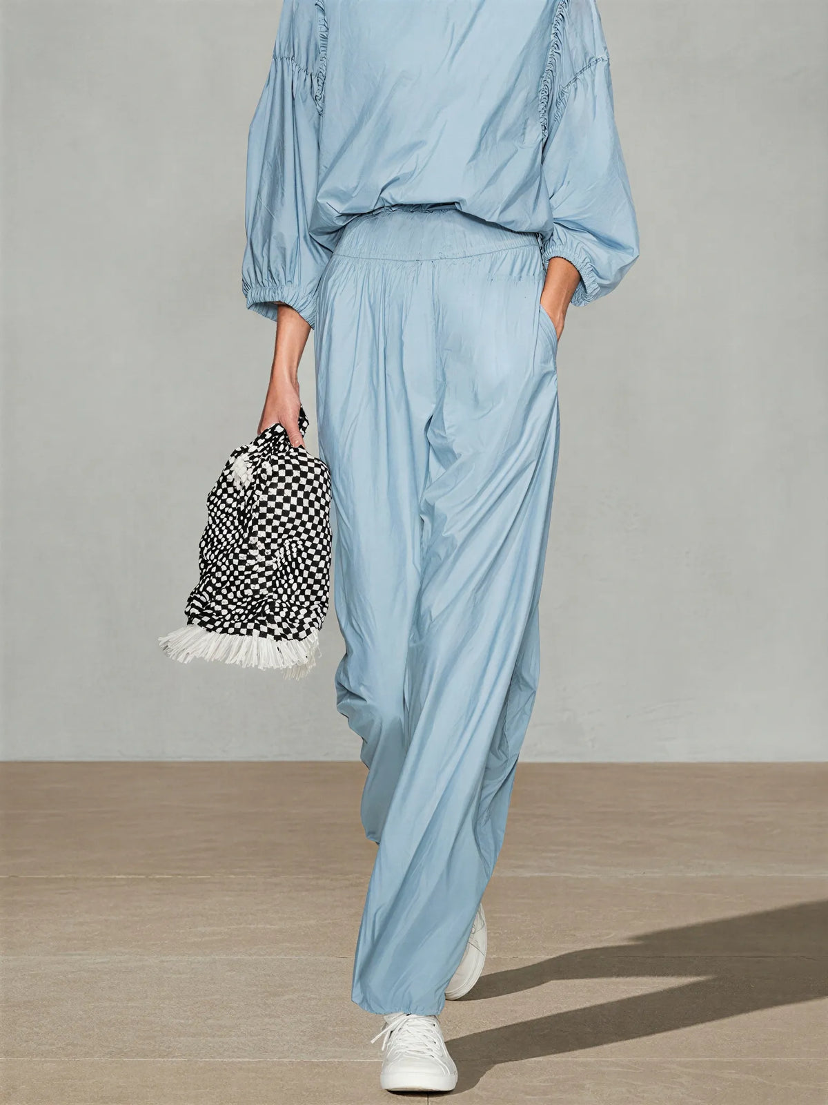Women's Pale Blue Breathable Poly Cotton Co-Ord With Elastic Cuff Puff Sleeve Top & Side Pocket Loose Straight Trousers, Modern Effortless-Chic Daily Casual Two-Piece Set MDZ0217G3LYL