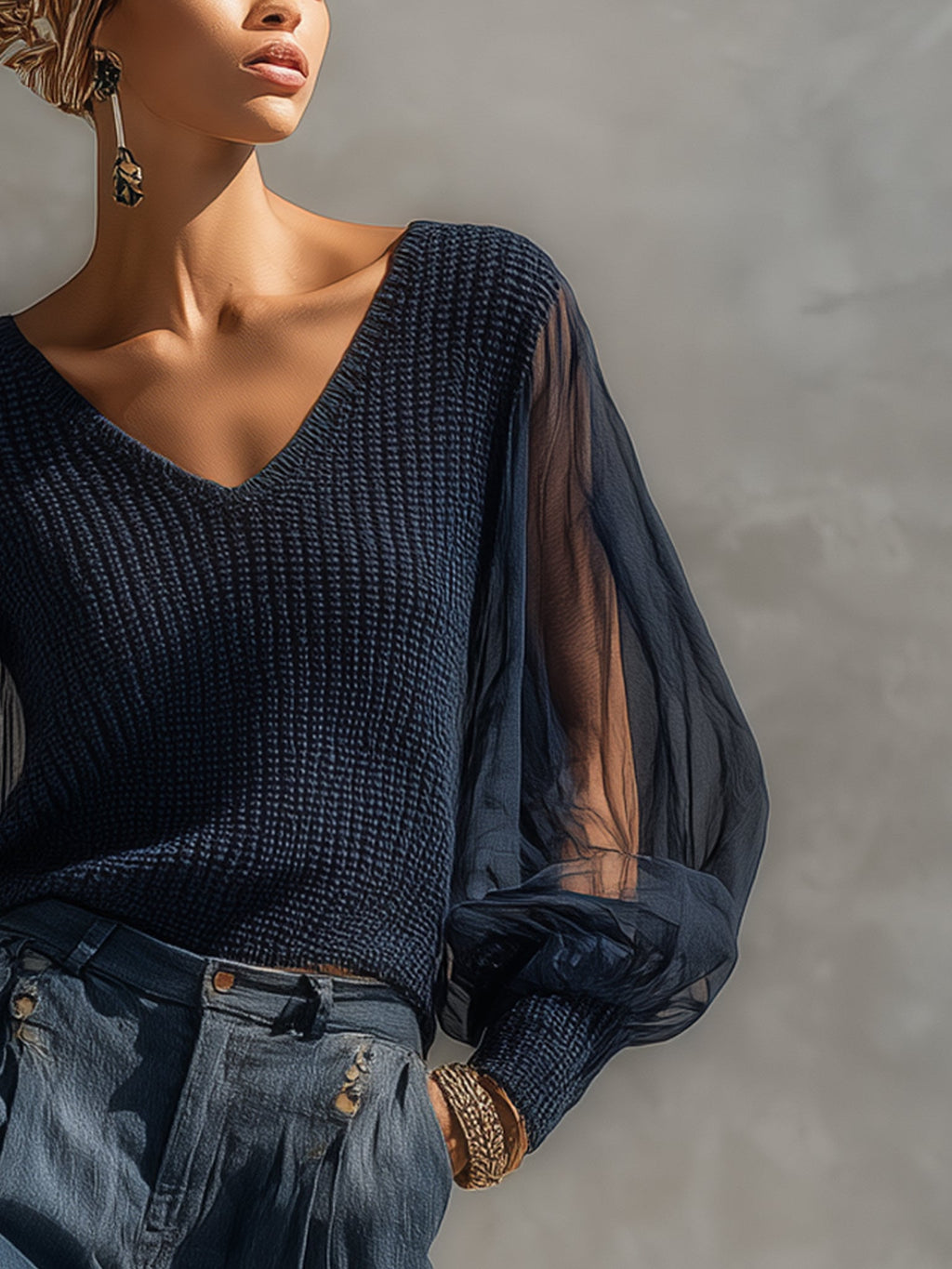 Navy Organza Patchwork Knit Top