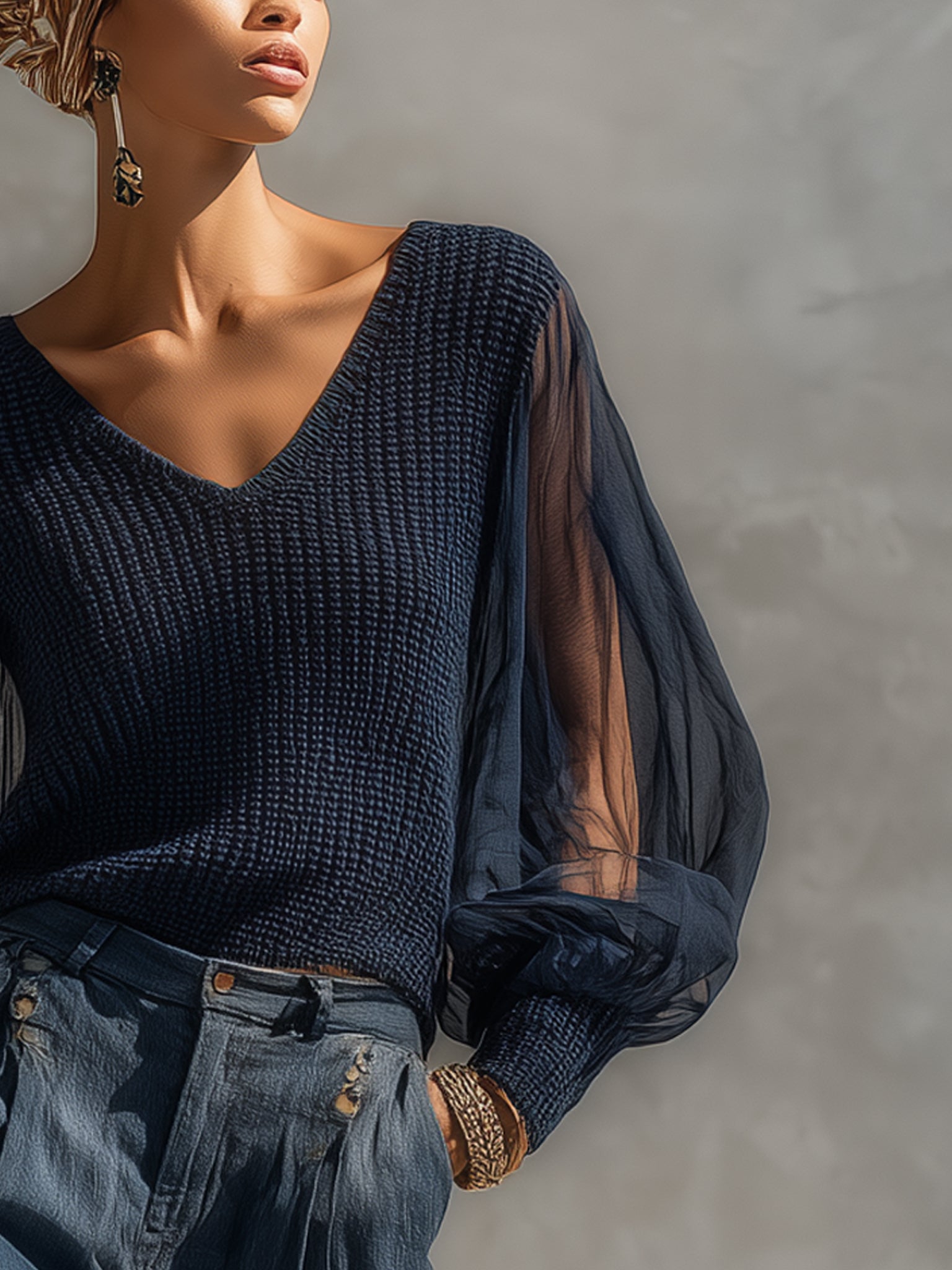 Navy Organza Patchwork Knit Top