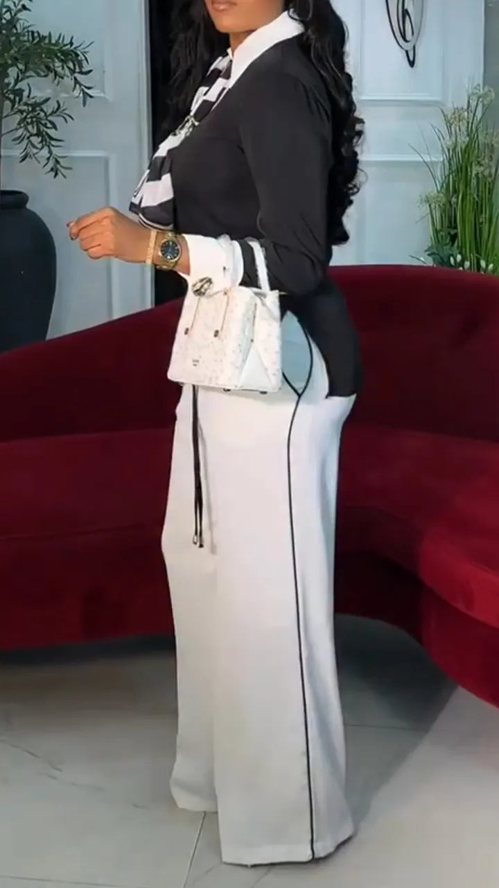 Women Collared Fake Two-piece Top + White Pants