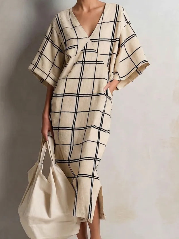 Women's Minimalist Beige Cotton Linen Blend Windowpane Check V-Neck Kaftan Midi Dress MDZ1087G8ZSQ