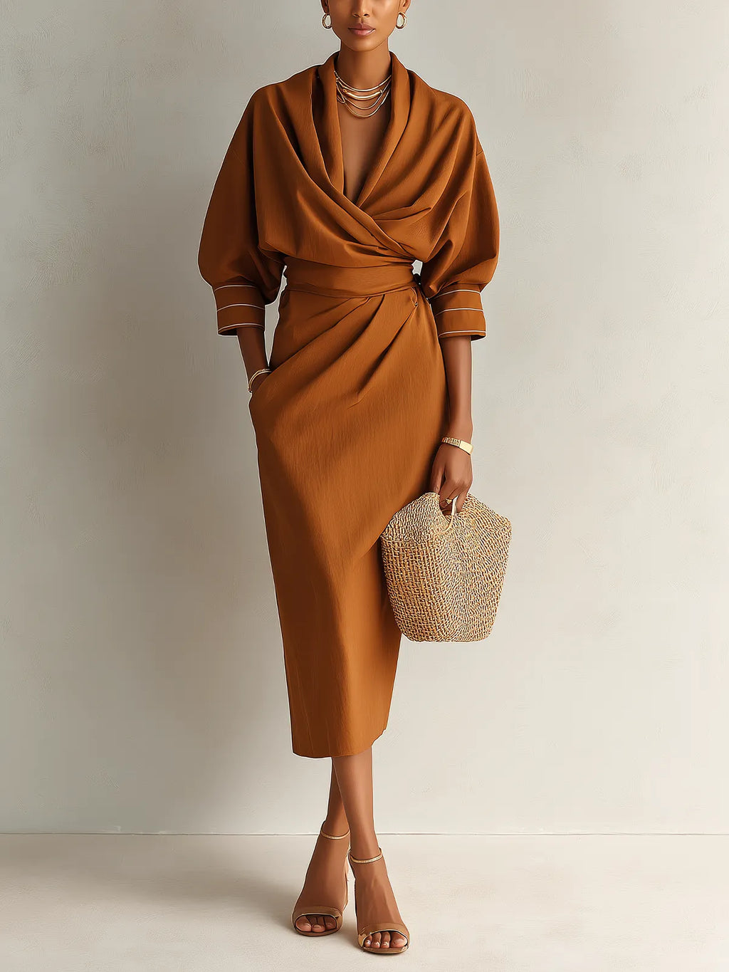 Rust Brown Draped V-Neck Midi Dress