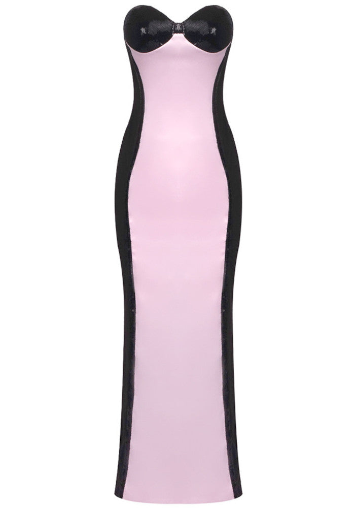 Strapless Sequin Bustier Maxi Dress Pink Black