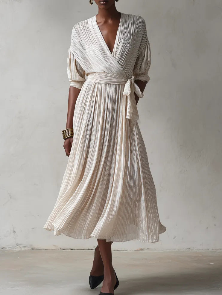 Women's Elegant Ivory Pleated Wrap V-Neck Tie Waist Batwing Sleeve Pleated Midi Dress MDZ1370G0ZSQ