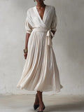 Women's Elegant Ivory Pleated Wrap V-Neck Tie Waist Batwing Sleeve Pleated Midi Dress MDZ1370G0ZSQ
