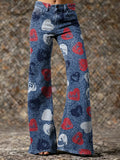 Women's Vintage Heart Art Print Washed Pants
