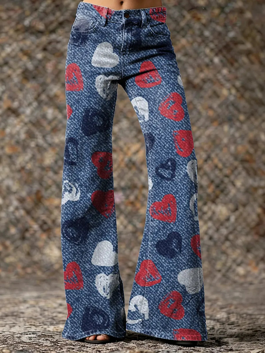 Women's Vintage Heart Art Print Washed Pants