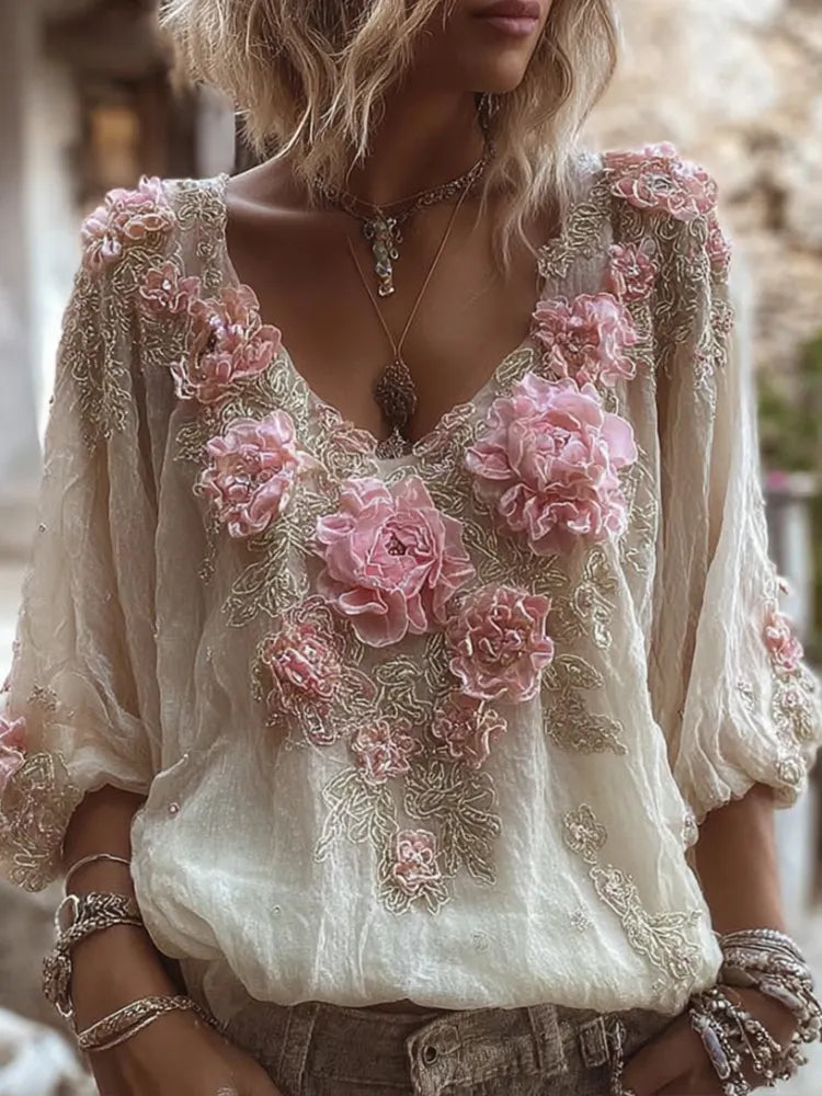Women's Vintage Floral Embroidered Long-sleeved Top