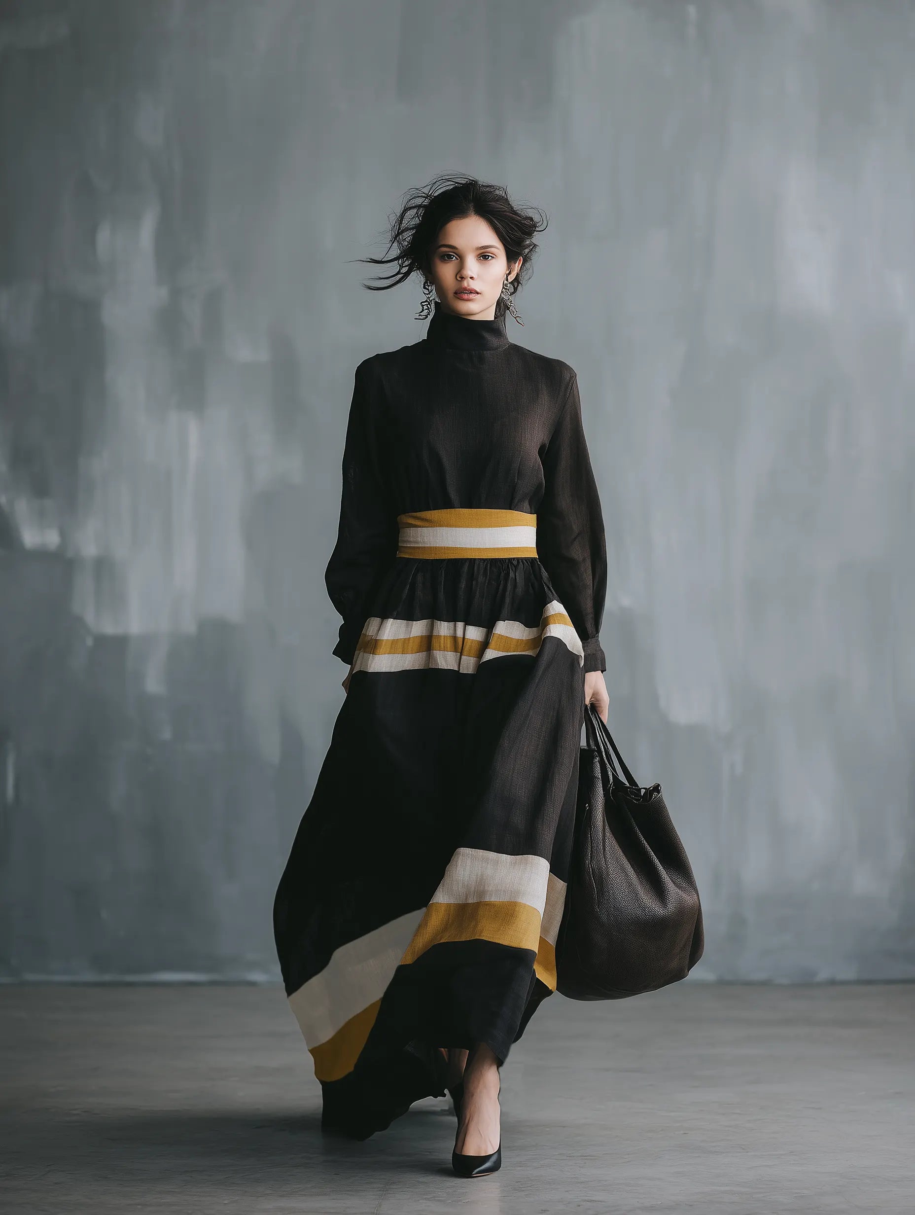 Women's Minimalist Color-Block Linen-Blend Long-Sleeve Maxi Dress With Mock Neck MDZ0872G8WY