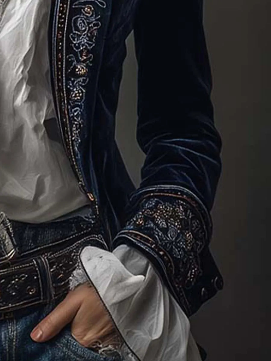 Vintage Navy Velvet Embroidered Long Jacket