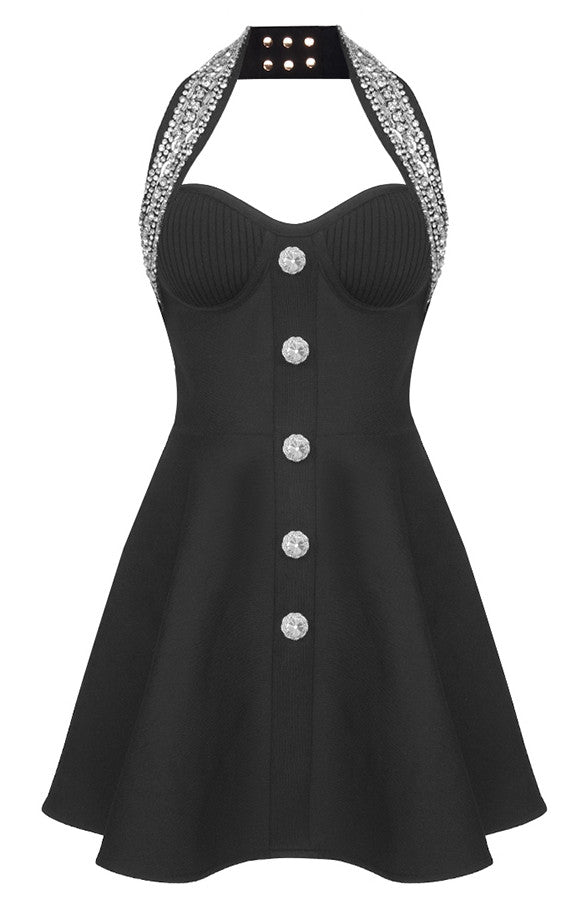 Halter Crystal Bustier A Line Dress Black