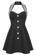 Halter Crystal Bustier A Line Dress Black