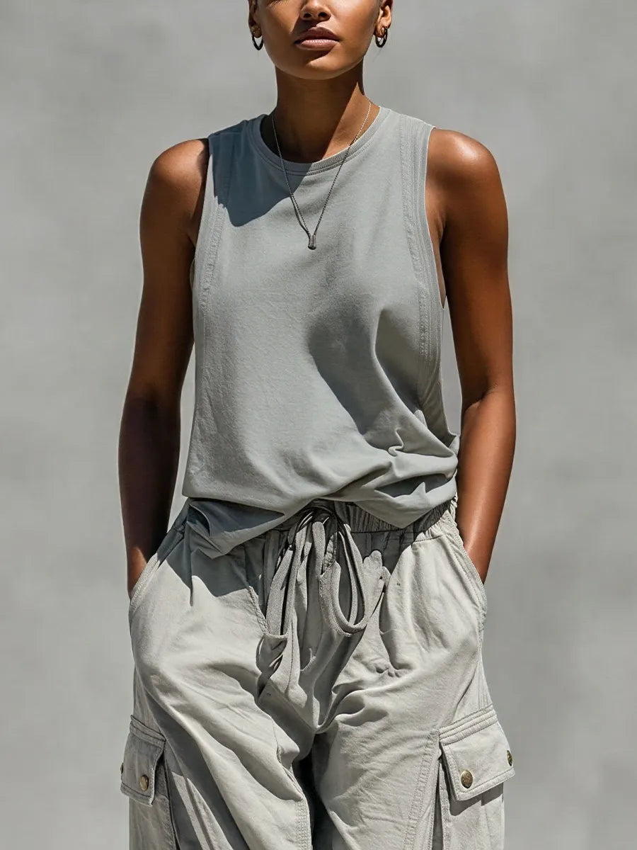 Women’s Grey Sleeveless Tank Top & Cargo Jogger Shorts Two-Piece Set MDZ0853E1T