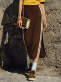 Women's Retro Casual Dark Brown Cotton Blend Contrast Side Stripe Side Slit Midi Skirt MDZ2087G5GMJ
