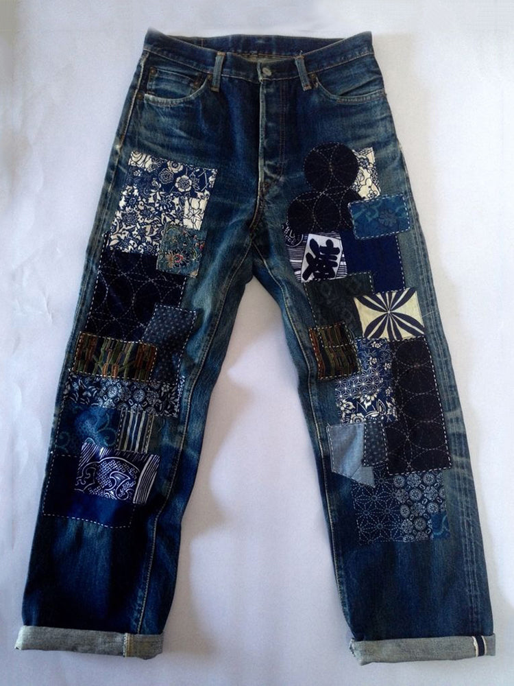 Japanese Style Sashiko Patchwork Design Jeans