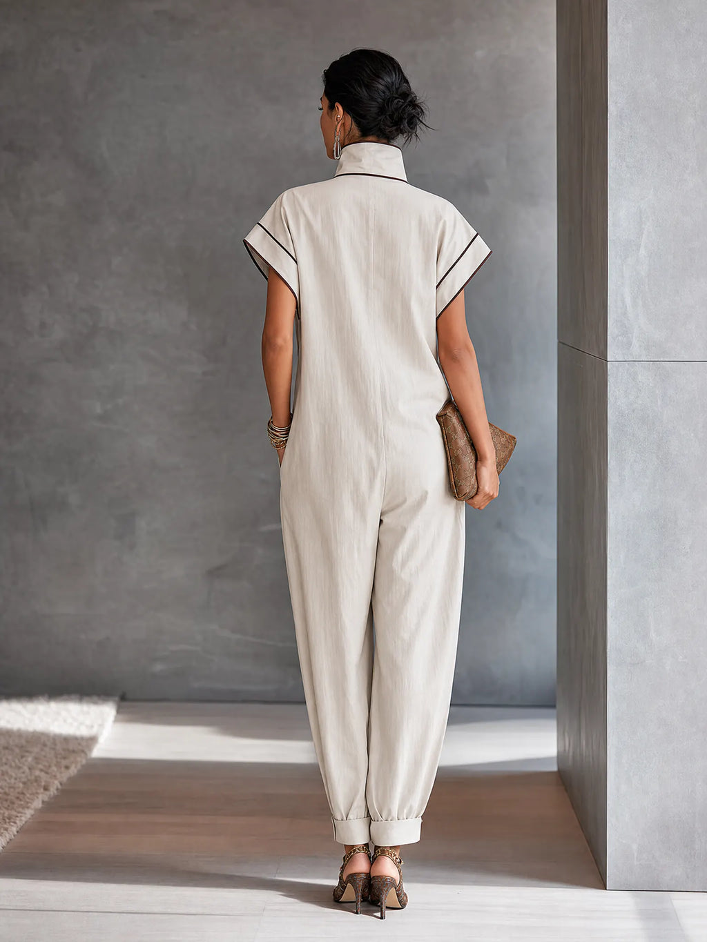 Women's Minimal Workwear Off White Cotton Blend Asymmetric Stand Collar Contrast Binding Full Length Jumpsuit MDZ1582G3GMJ