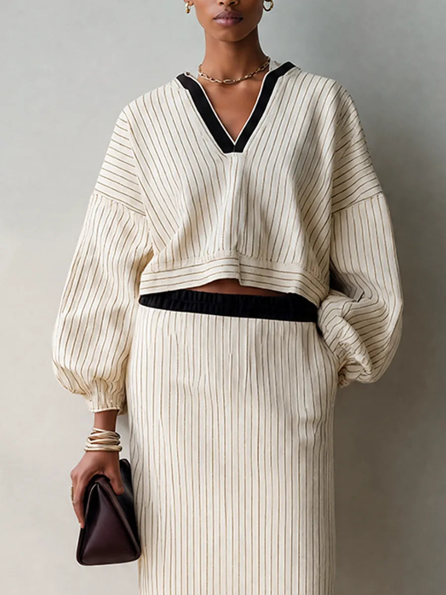 Women's Cream Vertical Stripe Knit V-Neck Crop Top & Midi Skirt Set MDZ2029G4ZRK