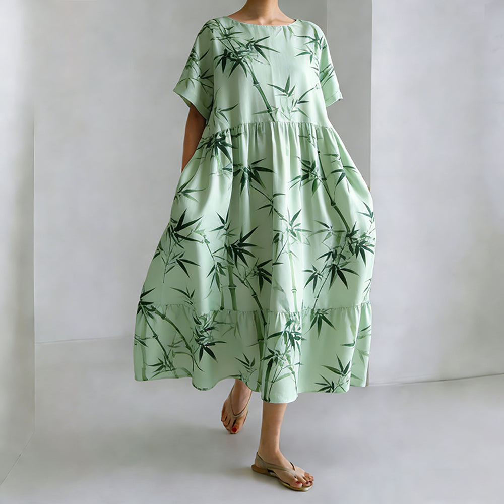 Japanese Art Bamboo Print Long Sleeve Casual Midi Dress