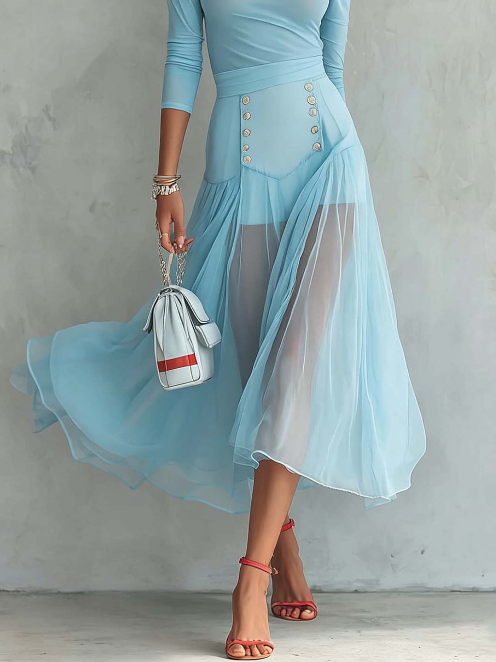 Sky Blue One-Shoulder Top And Mesh Patchwork Midi Skirt Set