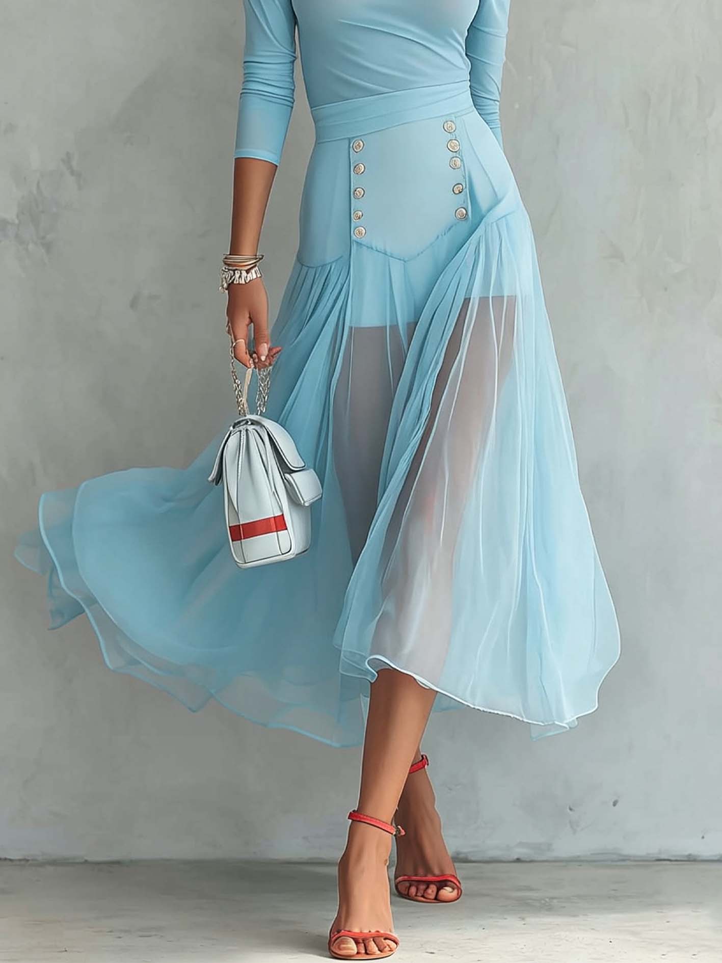 Sky Blue One-Shoulder Top And Mesh Patchwork Midi Skirt Set