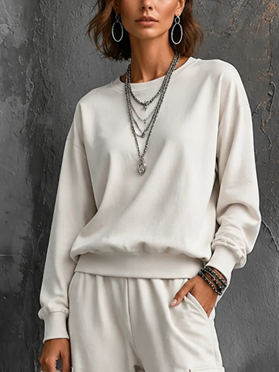 Women's Casual Street Style Off-White Cotton Blend Crew Neck Long-Sleeve Sweatshirt And Cargo Pocket Jogger Pants Set MDZ0630G1GMJ