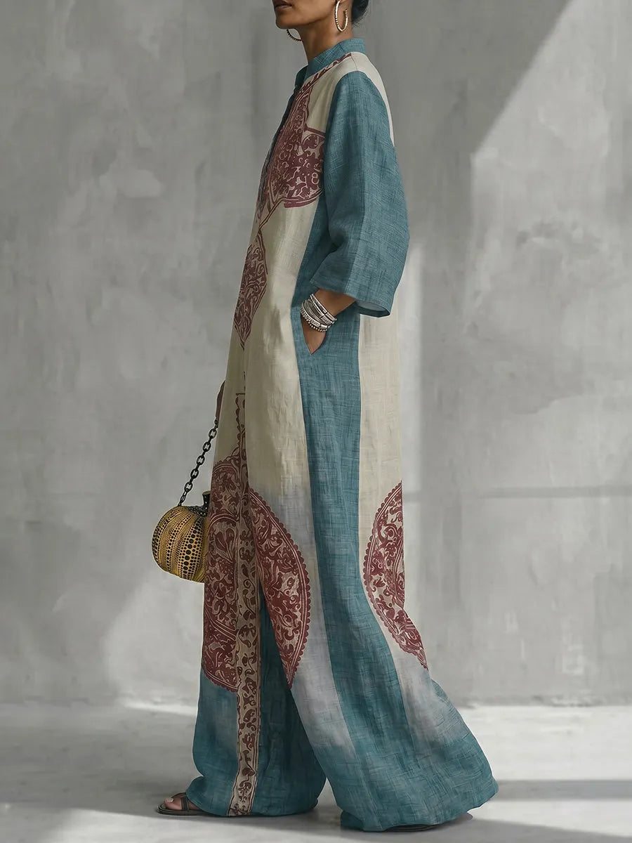 Loose Three-Quarter Sleeves Contrast Color Ethnic Printed Pockets V-Neck Jumpsuits