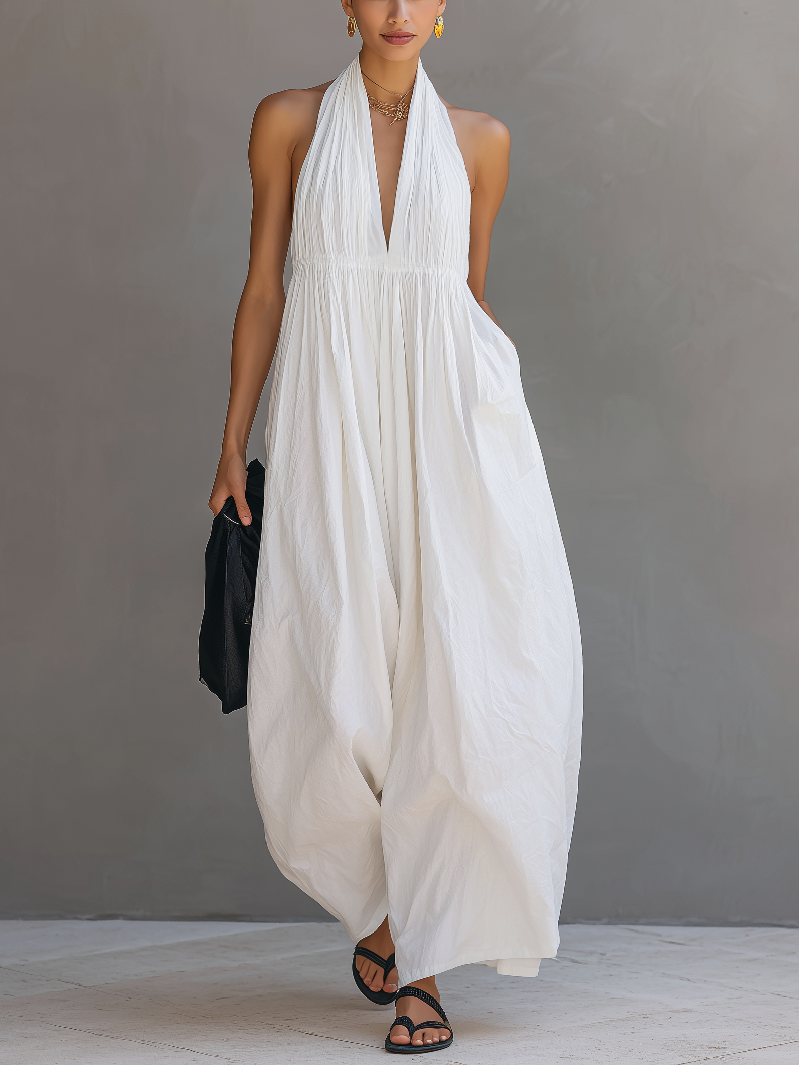 Women's Casual White Cotton-linen Blend Halter Neck Sleeveless Jumpsuit MDZ2797B2AN