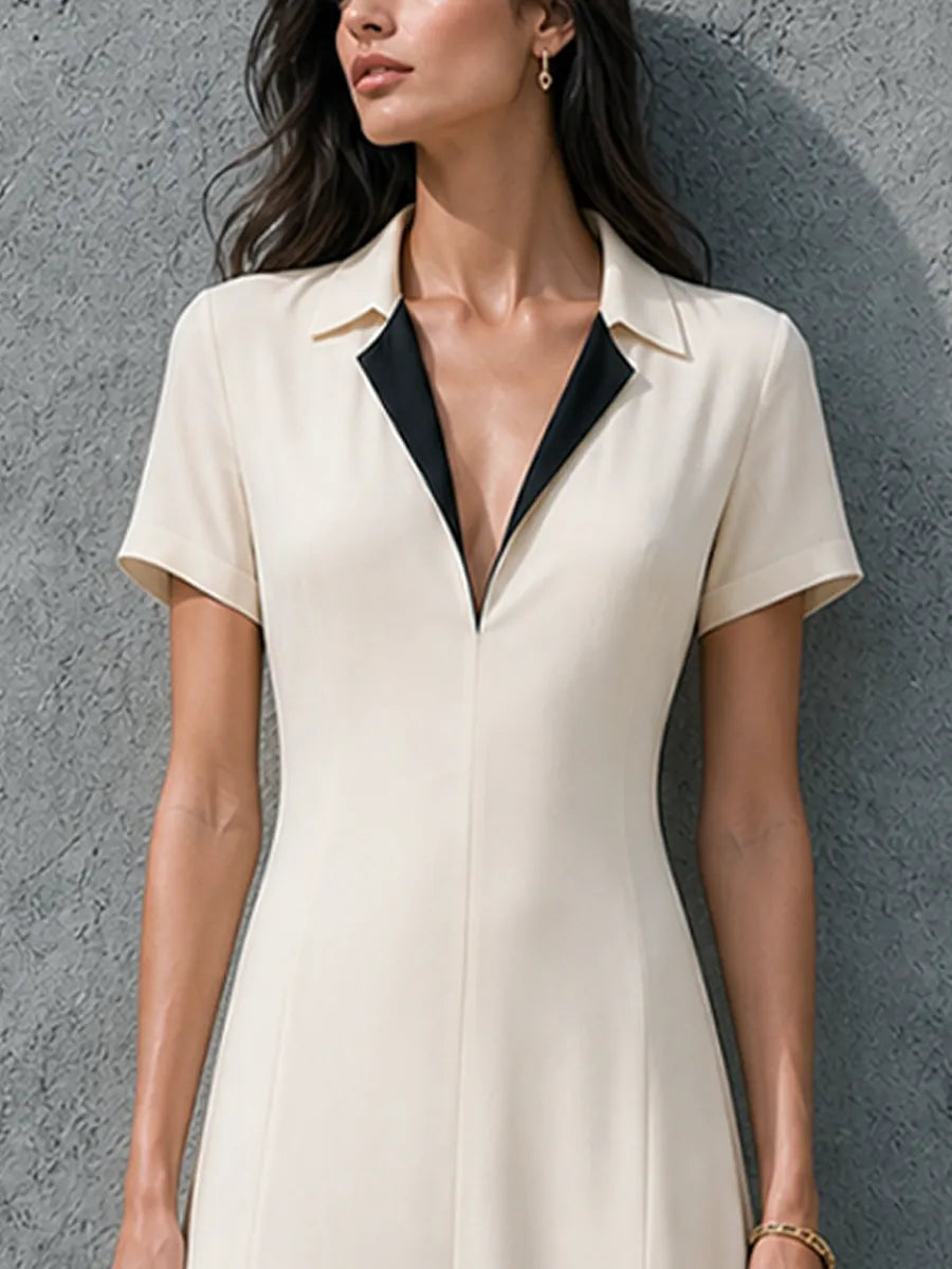 Women's Elegant Workwear Style Off-White Cotton Blend Color Block Lapel Short Sleeve Maxi Dress MDZ3023F5GMJ