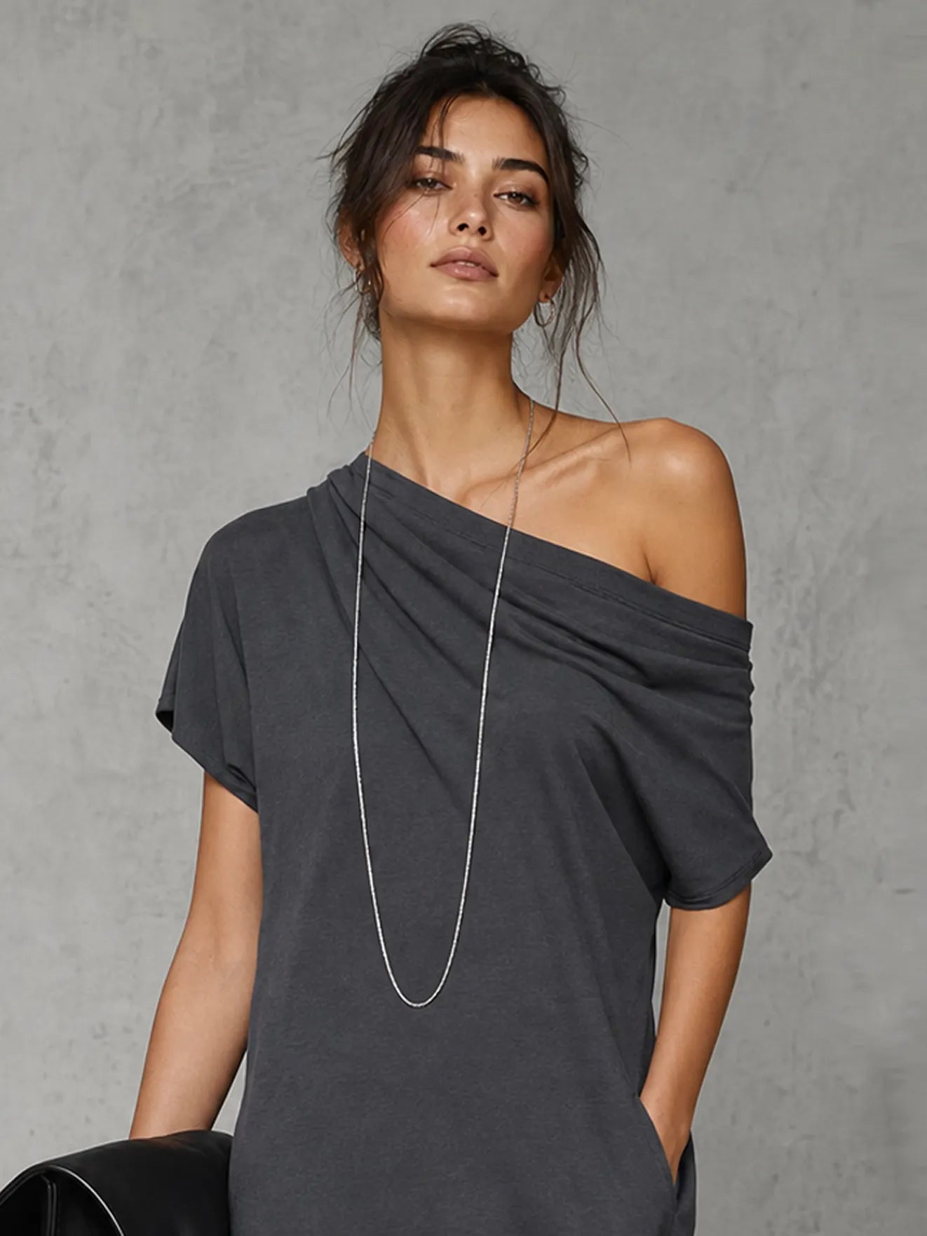 Women's Minimalist Stretch Knit One-Shoulder Short-Sleeve Straight-Cut Mini Dress MDZ3019F1WY
