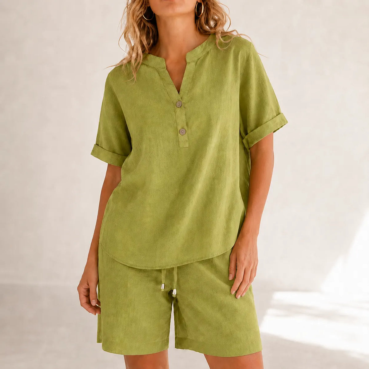 Lunessa – Cotton Linen 2 Piece Set Women Henley Top and Drawstring Shorts