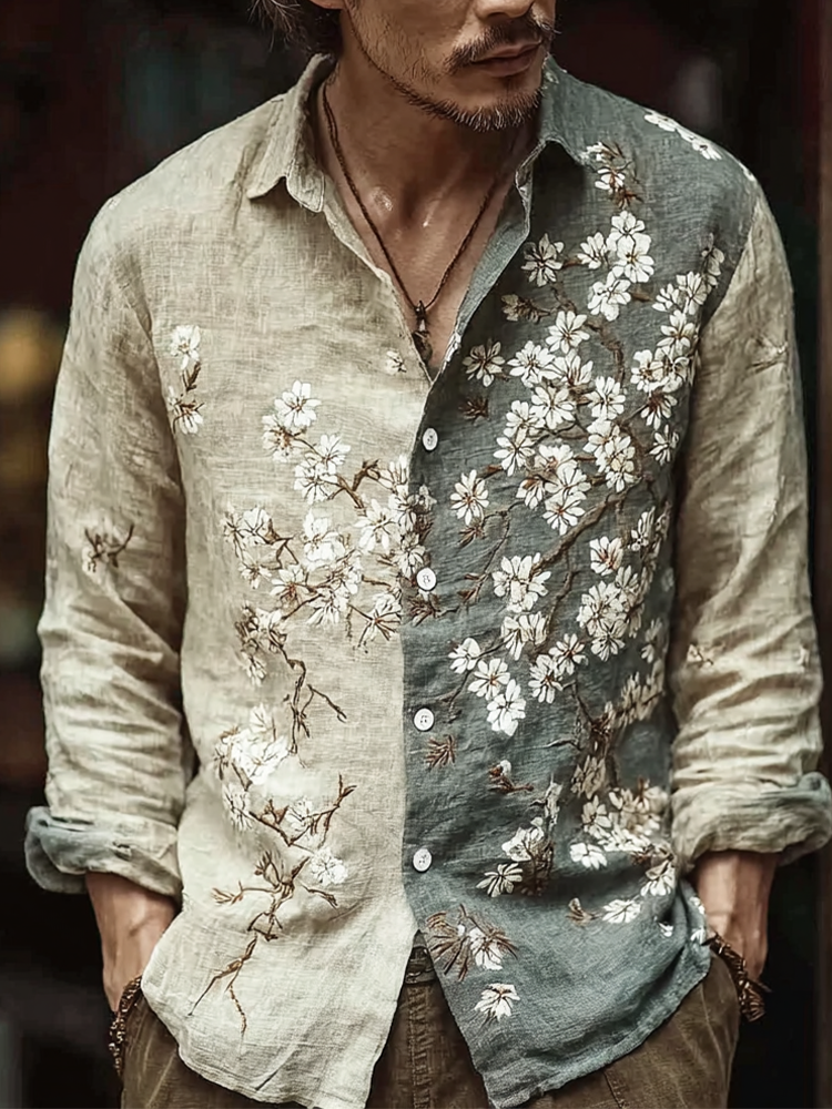 Men's Color-blocking Floral Pattern Cotton And Linen Shirt