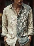 Men's Color-blocking Floral Pattern Cotton And Linen Shirt
