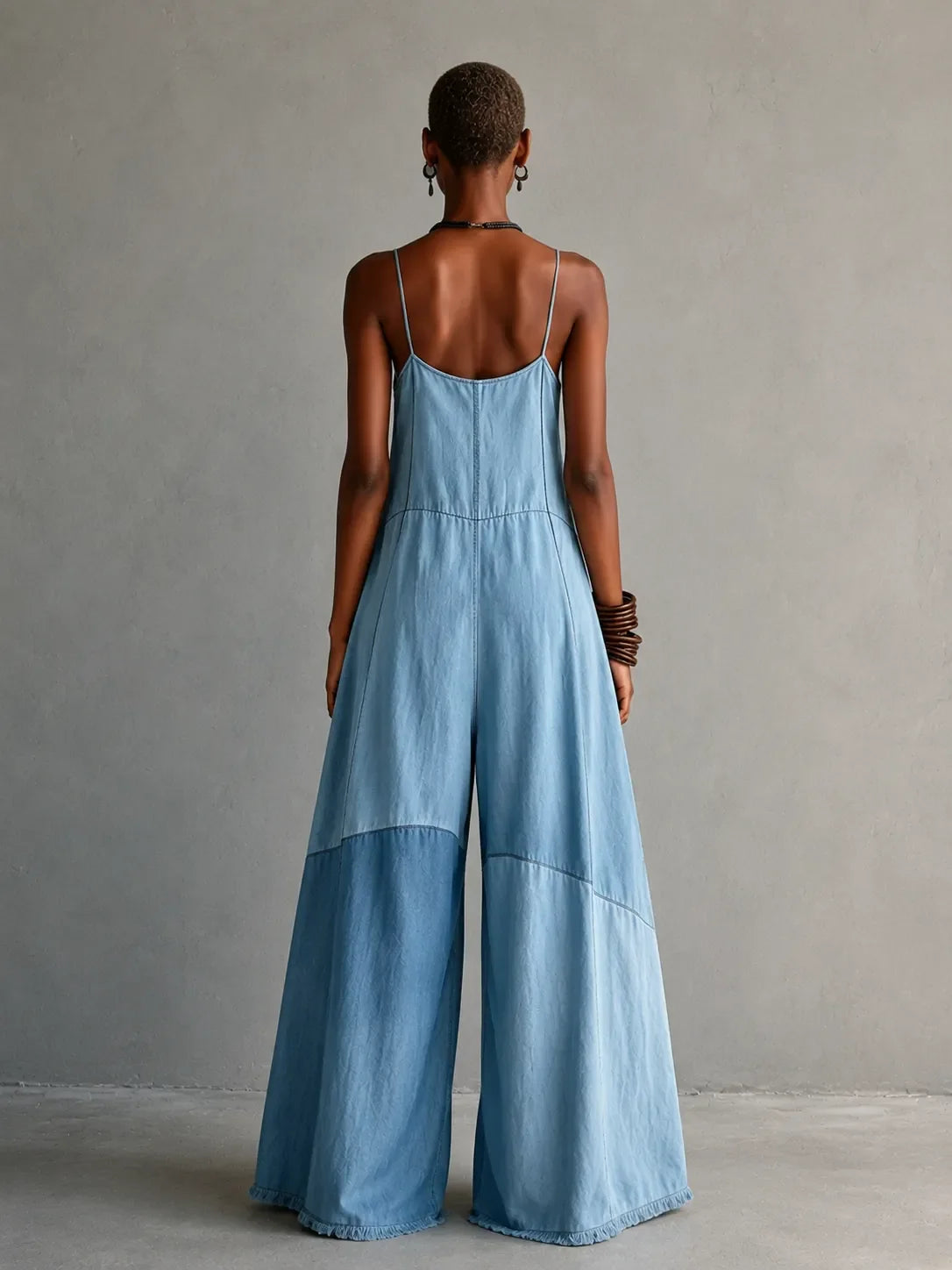 Denim Patchwork Wide Leg Spaghetti Strap Jumpsuit