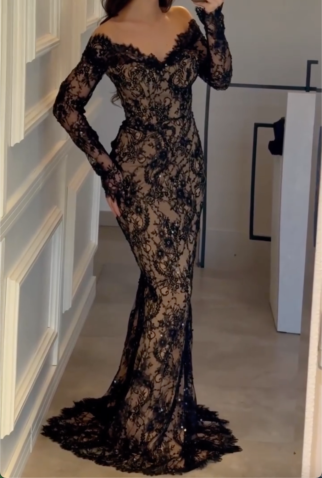 Black Off Shoulder Floral Lace Appliqu¨¦ Mermaid Maxi Dress Formal Evening Party Gown