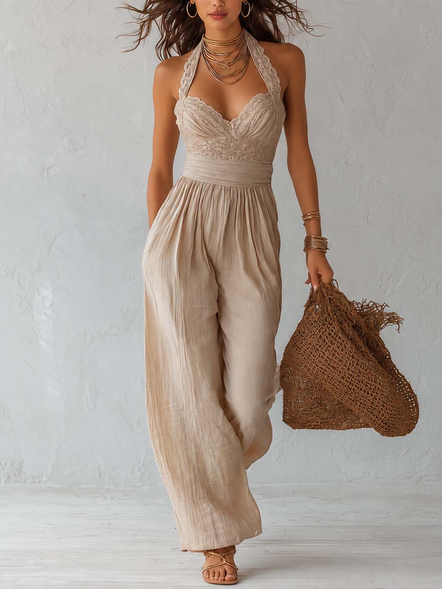 Vintage Halter-neck Cotton-linen Jumpsuit With Lace Trim
