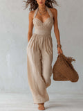 Vintage Halter-neck Cotton-linen Jumpsuit With Lace Trim
