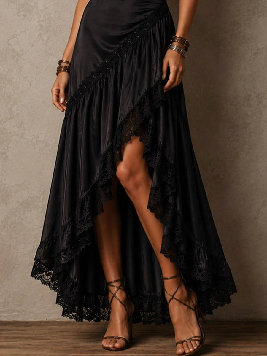 Boho Elegant Black Lace Trim Wrap Maxi Dress