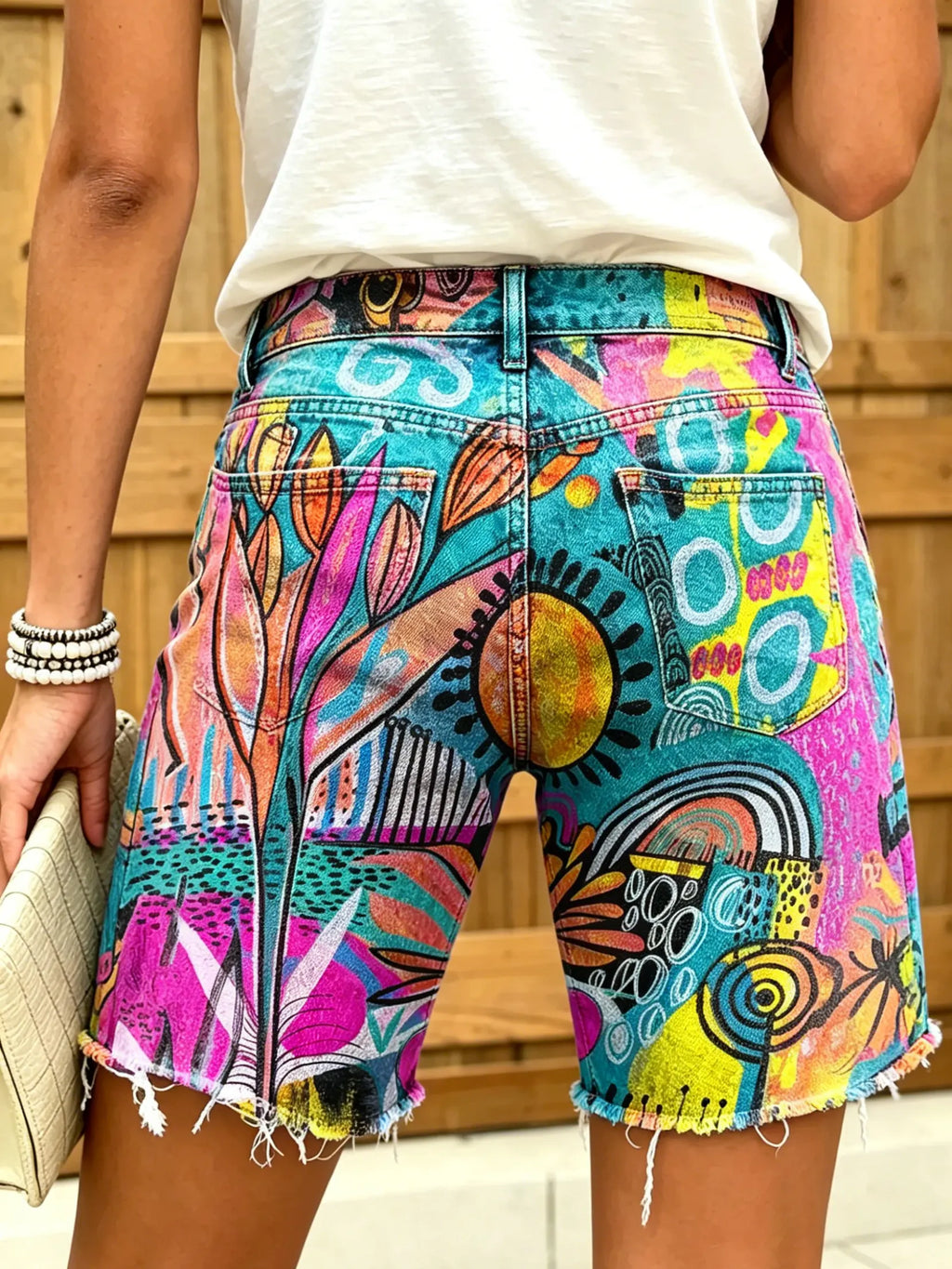 Women's Pop Art Sun Geometric Print Frayed Hem Denim Shorts