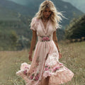Women's Vintage Rose Embroidery Art Comfy Linen Maxi Dress