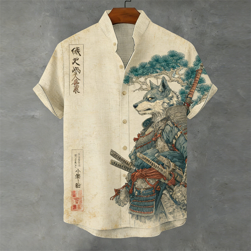 Japanese Wolf Samurai & Pine Trees Linen Shirt